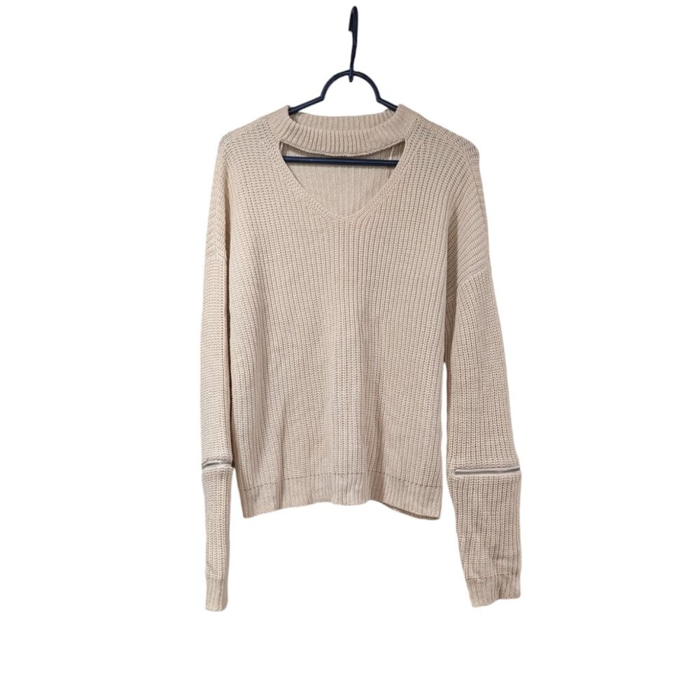 Love More Tan V-neck Zipper Long Sleeve Knit Sweater Sz XL
